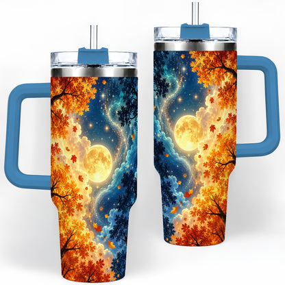 #pl[40oz|Blue] Autumn Moon Forest 40oz Handled Tumbler with Starry Night Artwork