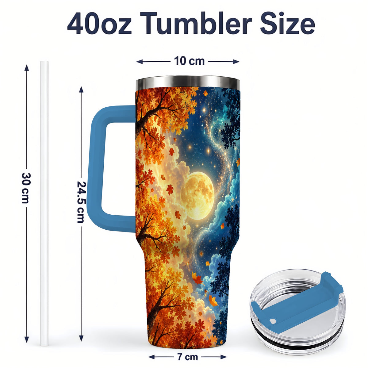 #pl[40oz|Blue] Autumn Moon Forest 40oz Handled Tumbler with Starry Night Artwork