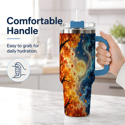 #pl[40oz|Blue] Autumn Moon Forest 40oz Handled Tumbler with Starry Night Artwork