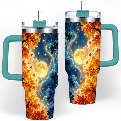 #pl[40oz|Green] Autumn Moon Forest 40oz Handled Tumbler with Starry Night Artwork