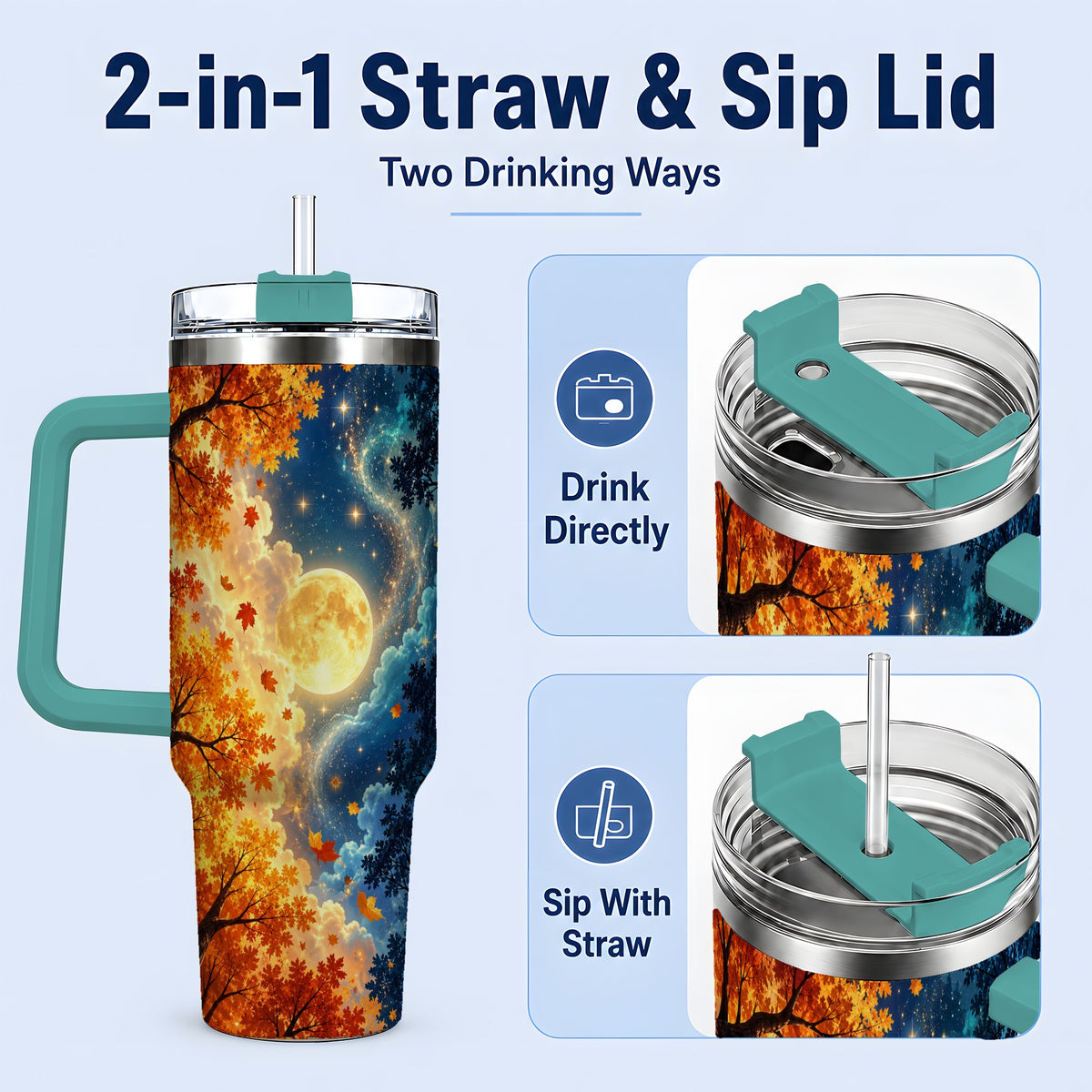 #pl[40oz|Green] Autumn Moon Forest 40oz Handled Tumbler with Starry Night Artwork