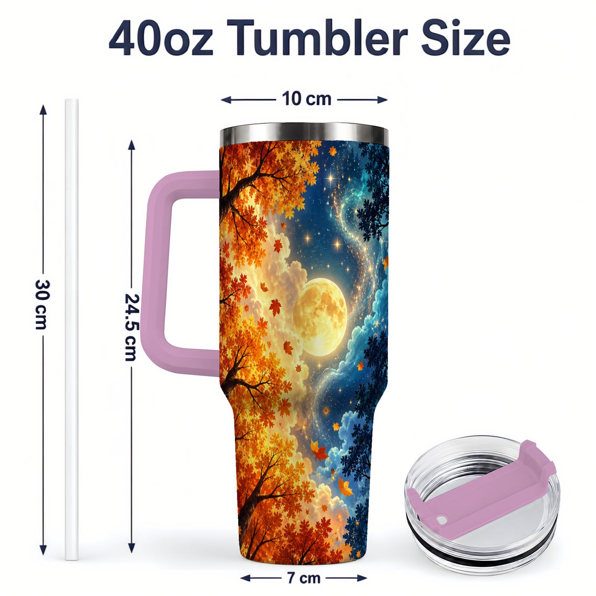 #pl[40oz|Pink] Autumn Moon Forest 40oz Handled Tumbler with Starry Night Artwork