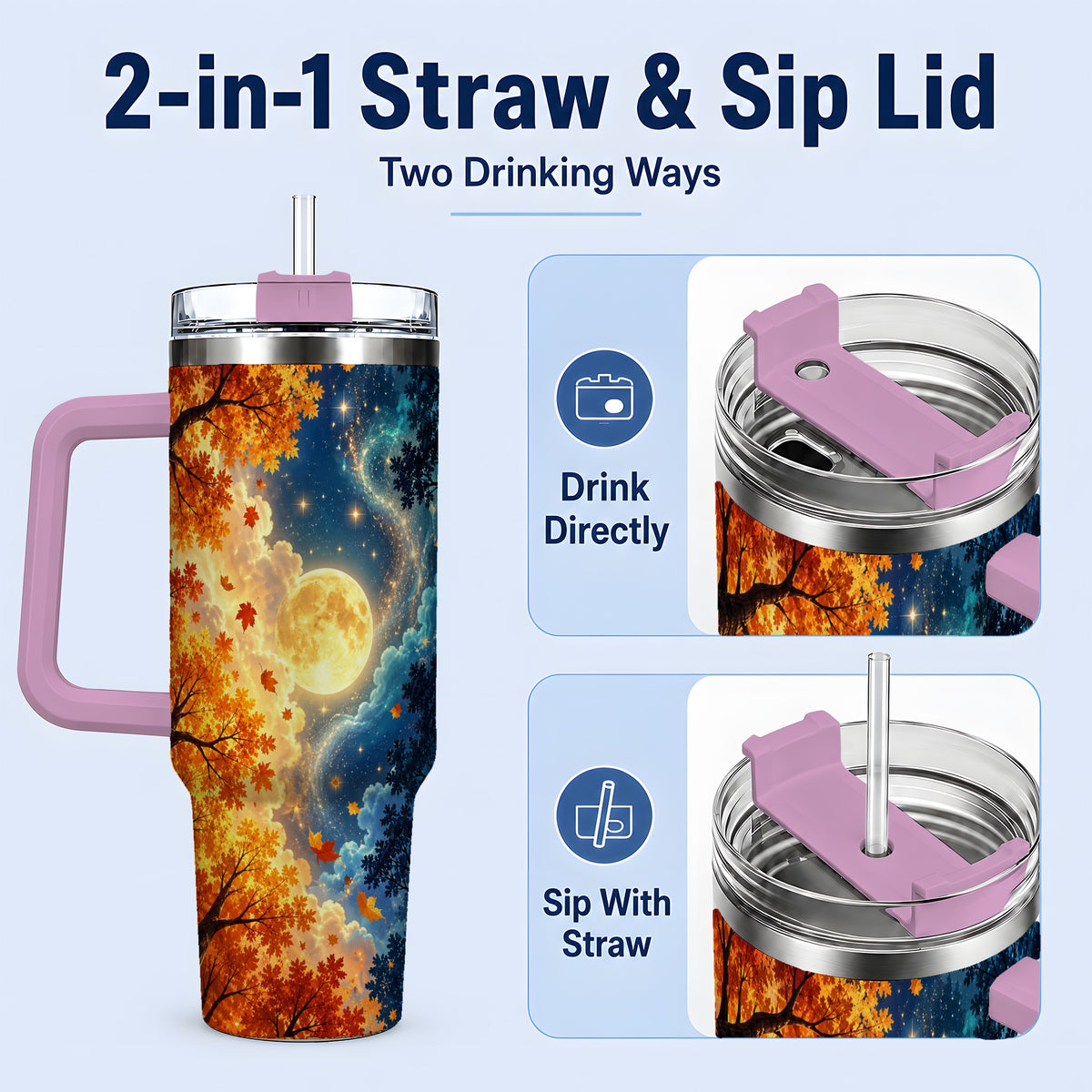 #pl[40oz|Pink] Autumn Moon Forest 40oz Handled Tumbler with Starry Night Artwork