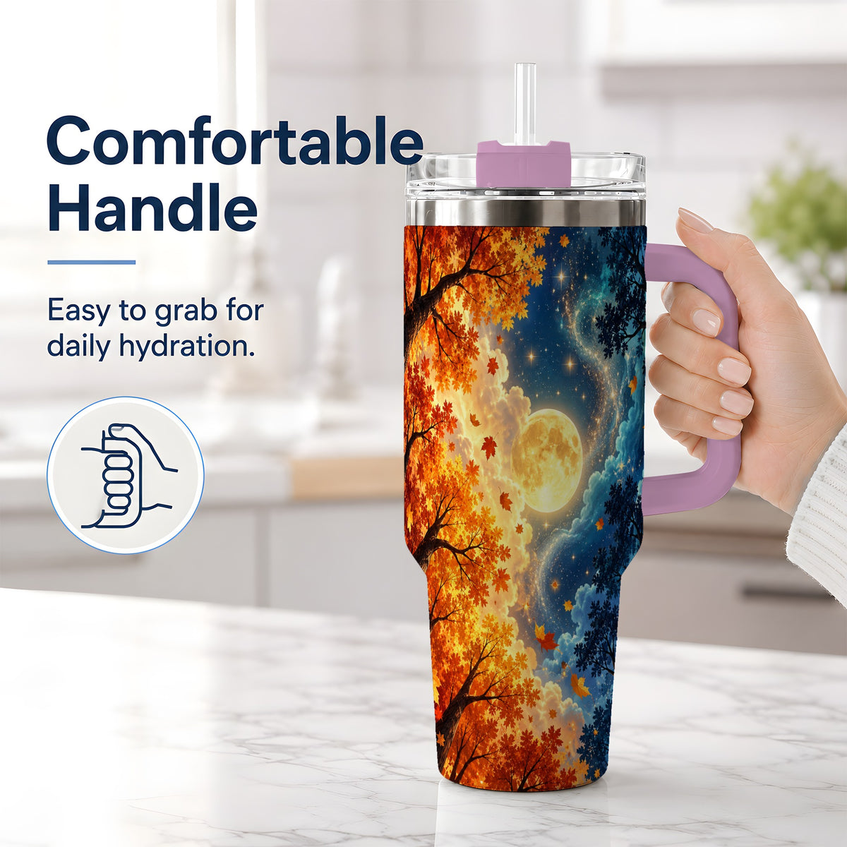 #pl[40oz|Pink] Autumn Moon Forest 40oz Handled Tumbler with Starry Night Artwork