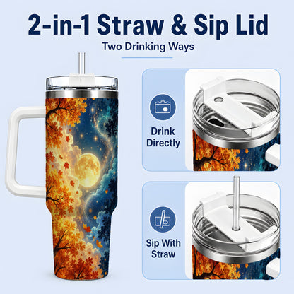 #pl[40oz|White] Autumn Moon Forest 40oz Handled Tumbler with Starry Night Artwork