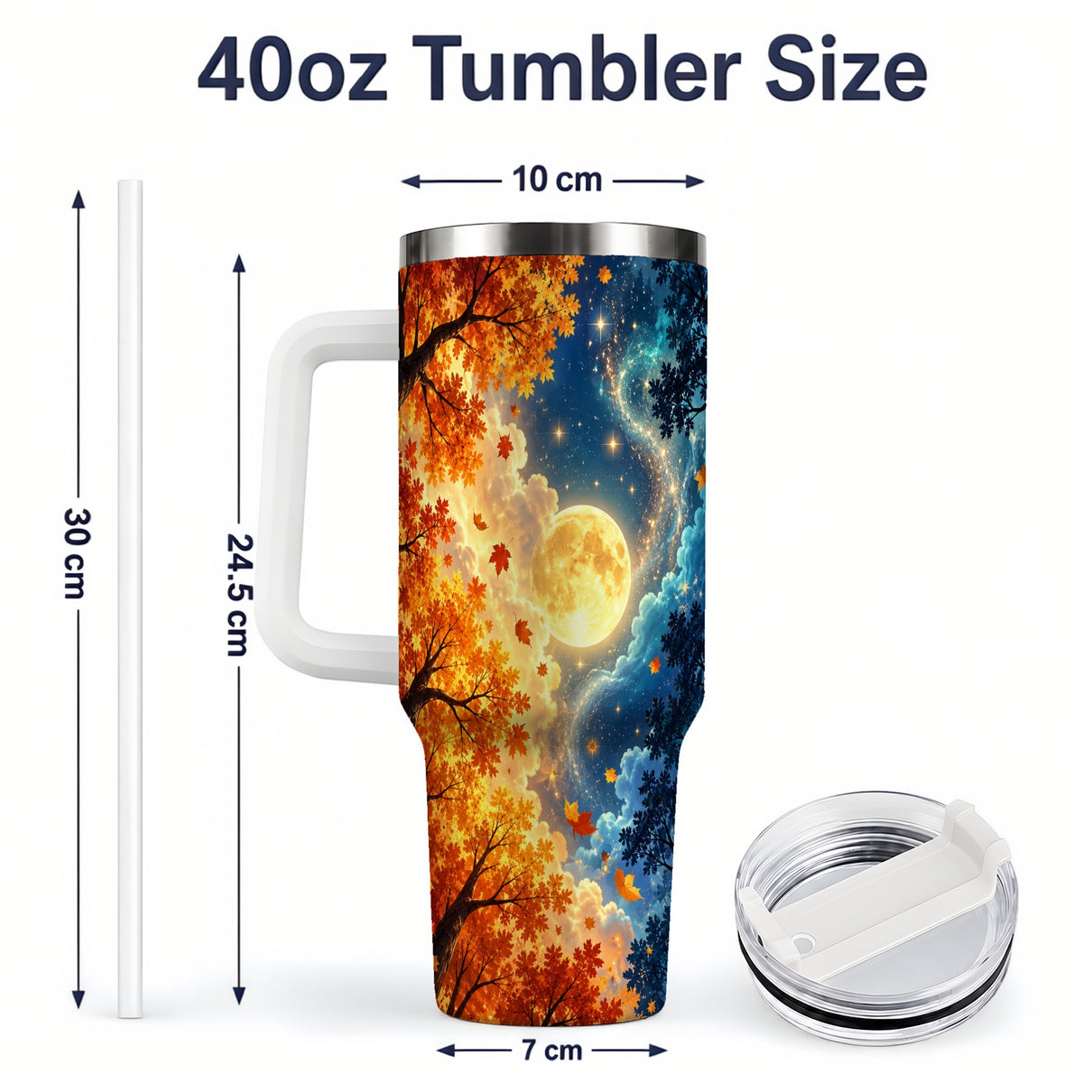 #pl[40oz|White] Autumn Moon Forest 40oz Handled Tumbler with Starry Night Artwork
