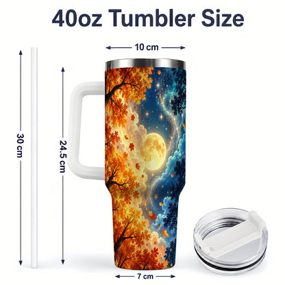 #pl[40oz|White] Autumn Moon Forest 40oz Handled Tumbler with Starry Night Artwork