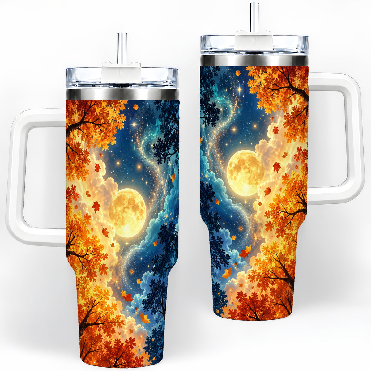 Autumn Moon Forest 40oz Handled Tumbler with Starry Night Artwork