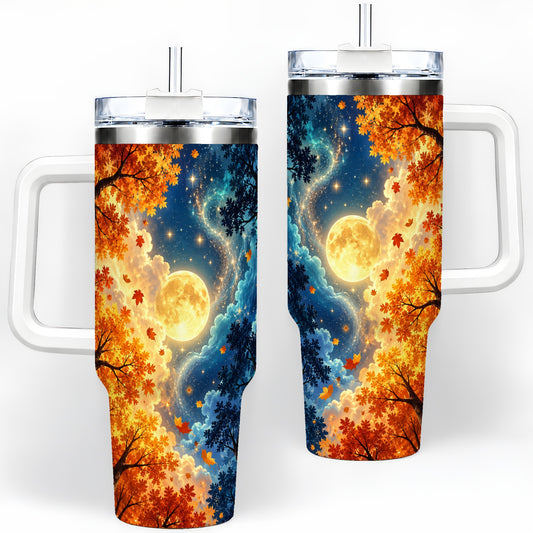 Autumn Moon Forest 40oz Handled Tumbler with Starry Night Artwork
