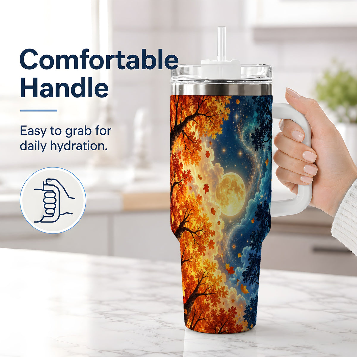 #pl[40oz|White] Autumn Moon Forest 40oz Handled Tumbler with Starry Night Artwork