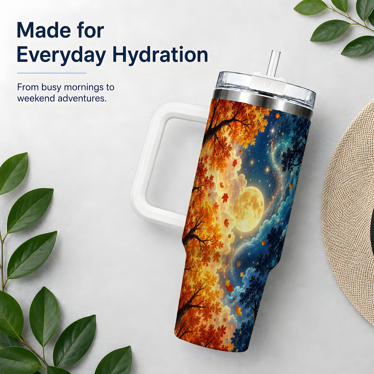Autumn Moon Forest 40oz Handled Tumbler with Starry Night Artwork