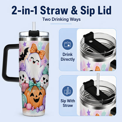 #pl[40oz|Black] Pastel Halloween Ghost 40oz Handled Tumbler with Pumpkin Candy Artwork