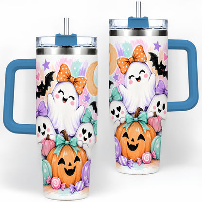 #pl[40oz|Blue] Pastel Halloween Ghost 40oz Handled Tumbler with Pumpkin Candy Artwork
