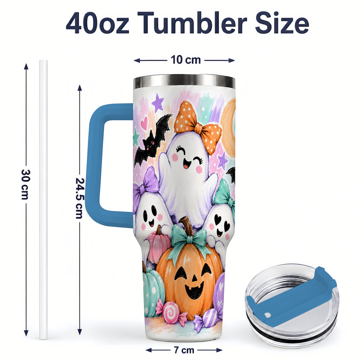 #pl[40oz|Blue] Pastel Halloween Ghost 40oz Handled Tumbler with Pumpkin Candy Artwork
