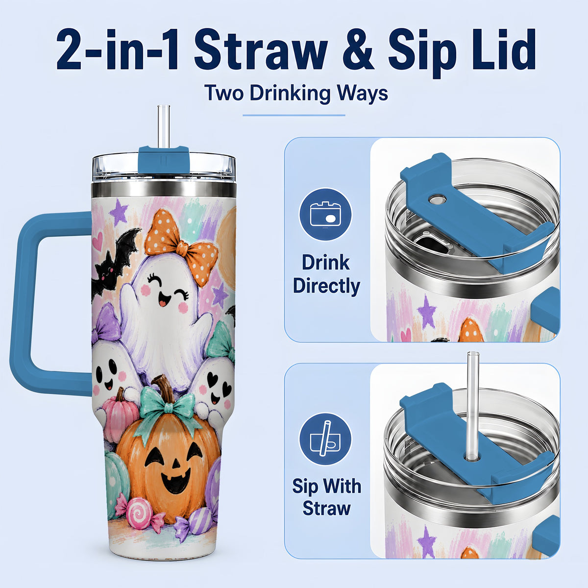 #pl[40oz|Blue] Pastel Halloween Ghost 40oz Handled Tumbler with Pumpkin Candy Artwork