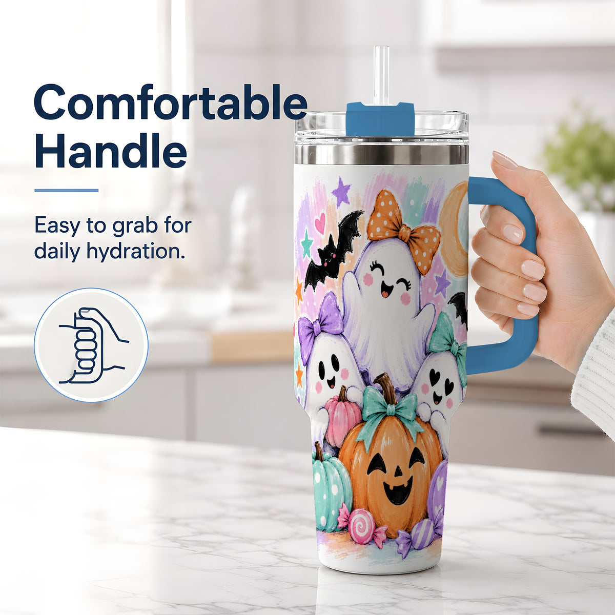 #pl[40oz|Blue] Pastel Halloween Ghost 40oz Handled Tumbler with Pumpkin Candy Artwork