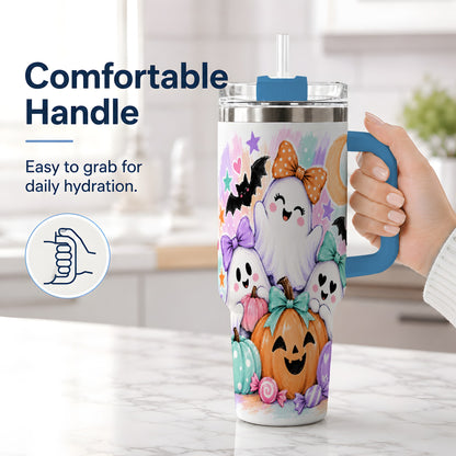 #pl[40oz|Blue] Pastel Halloween Ghost 40oz Handled Tumbler with Pumpkin Candy Artwork