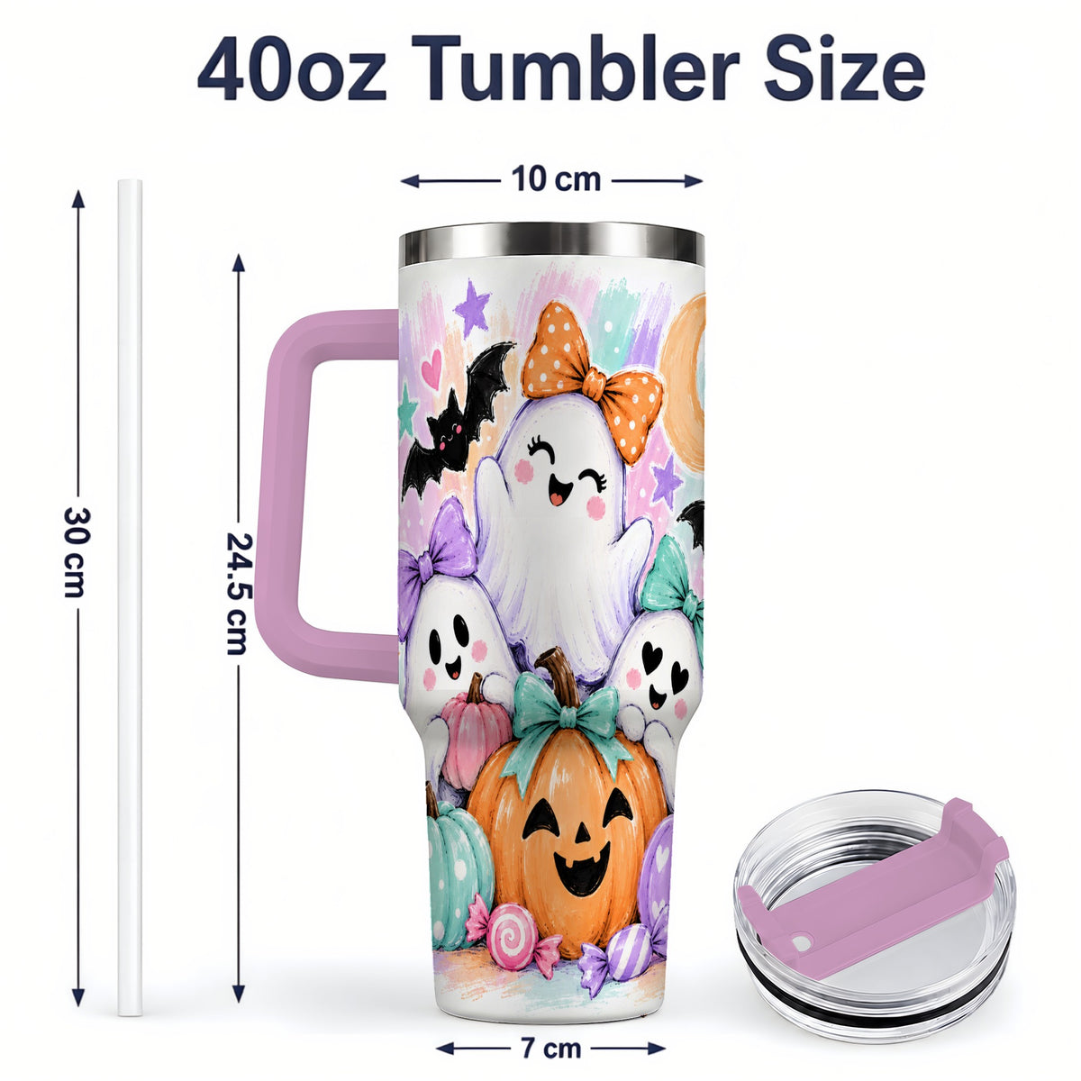 #pl[40oz|Pink] Pastel Halloween Ghost 40oz Handled Tumbler with Pumpkin Candy Artwork