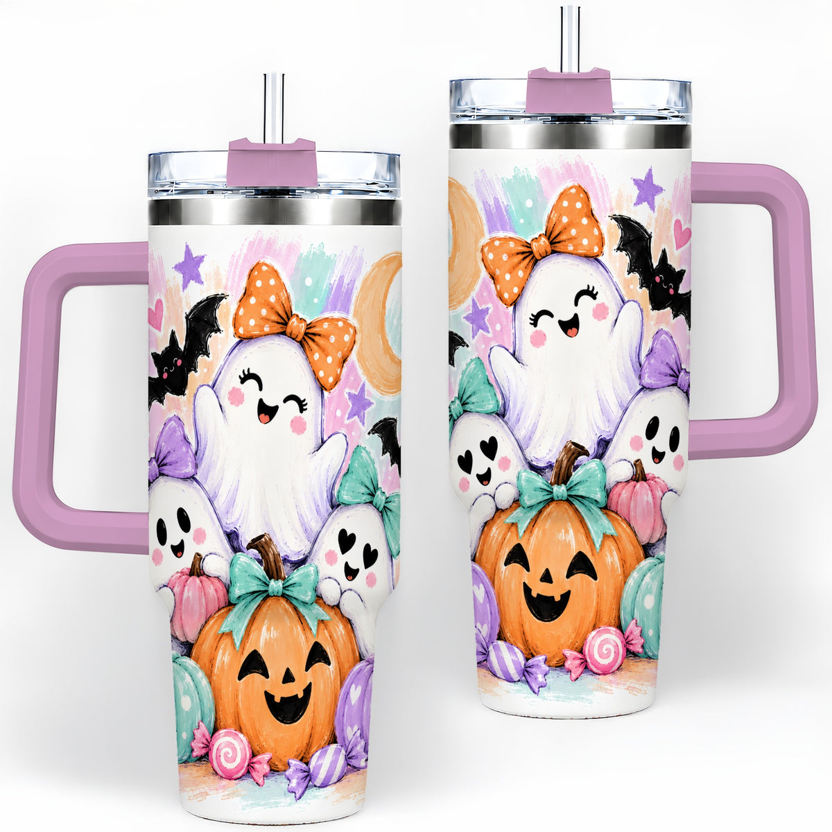 #pl[40oz|Pink] Pastel Halloween Ghost 40oz Handled Tumbler with Pumpkin Candy Artwork