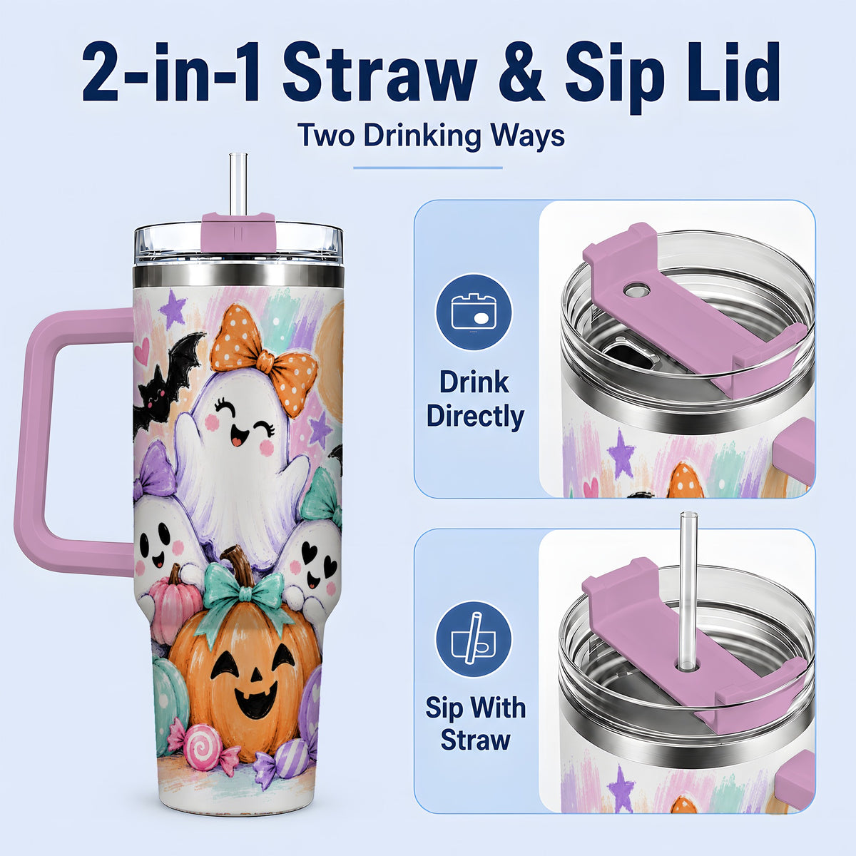#pl[40oz|Pink] Pastel Halloween Ghost 40oz Handled Tumbler with Pumpkin Candy Artwork