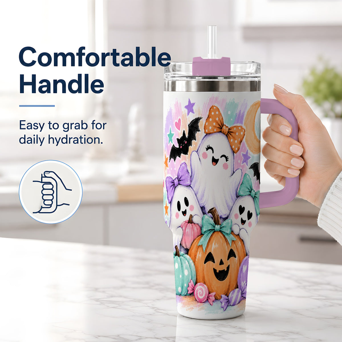 #pl[40oz|Pink] Pastel Halloween Ghost 40oz Handled Tumbler with Pumpkin Candy Artwork