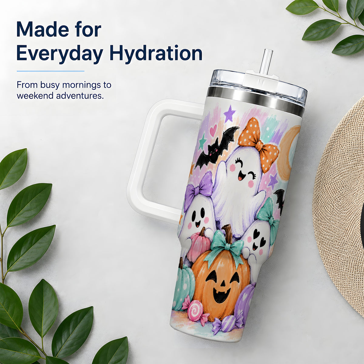 Pastel Halloween Ghost 40oz Handled Tumbler with Pumpkin Candy Artwork