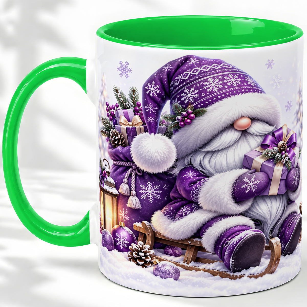 #pl[11oz|Green] Purple Christmas Gnome Ceramic Mug with Winter Artwork