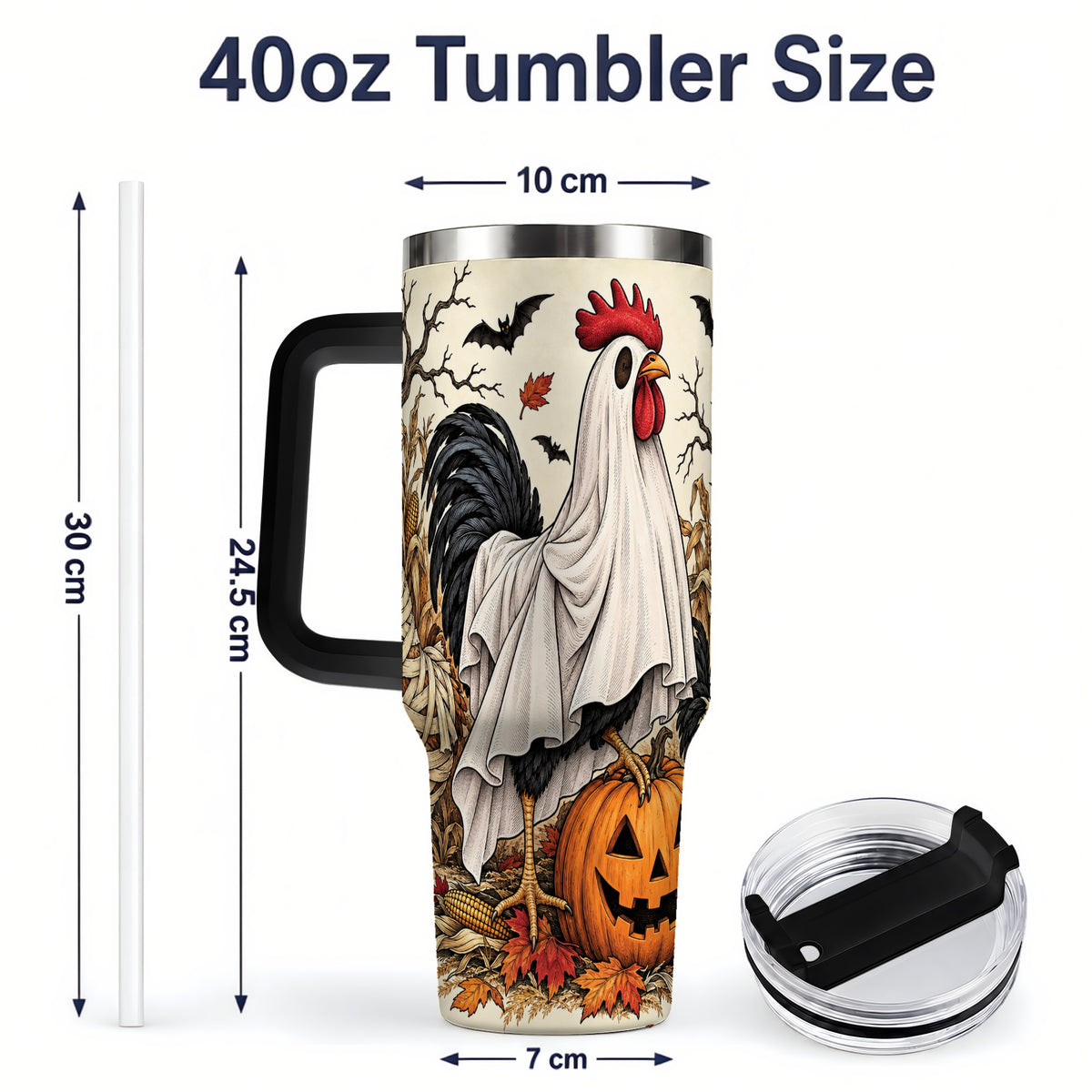 #pl[40oz|Black] Halloween Chicken 40oz Tumbler, Ghost Farm Jack-O'-Lantern Fall Art