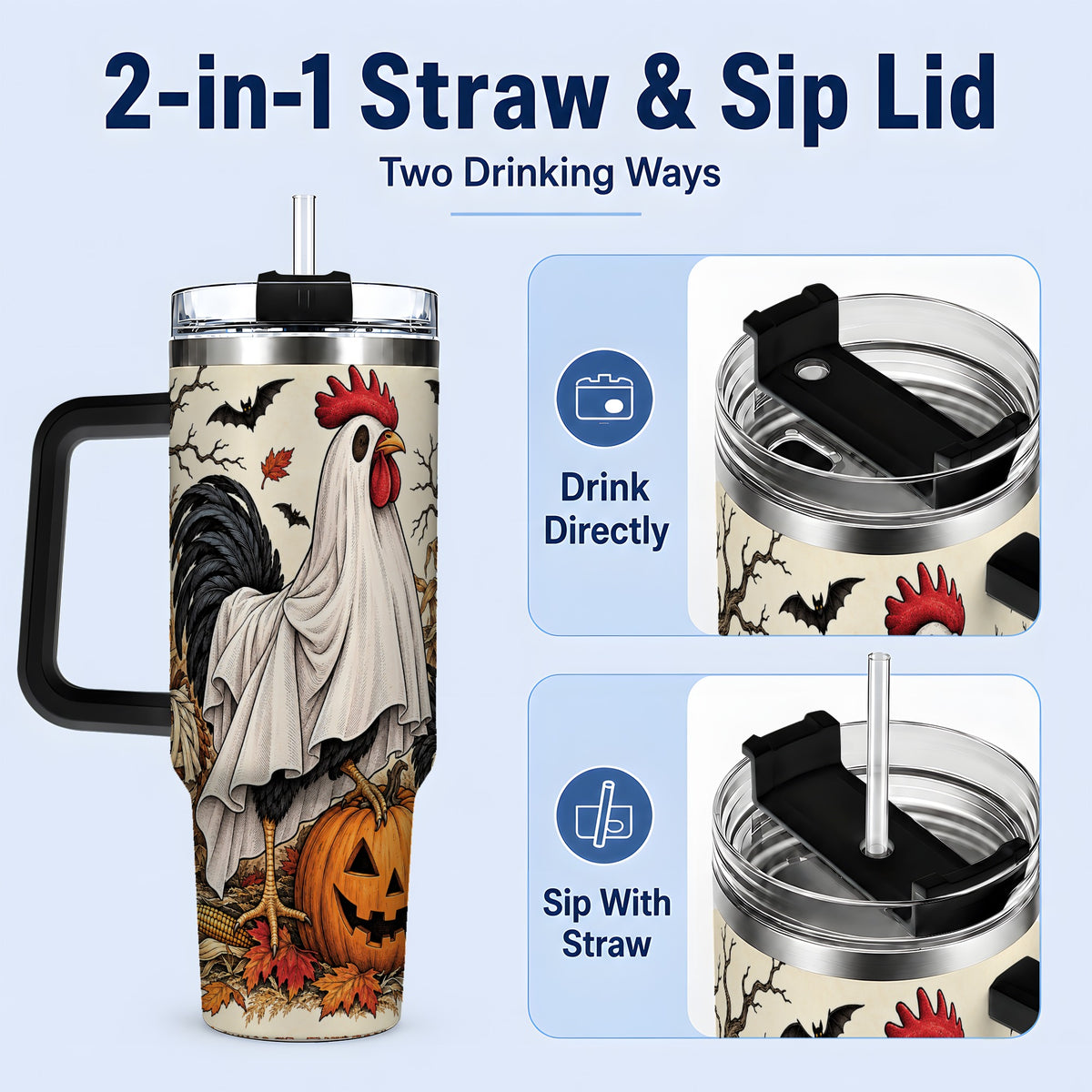 #pl[40oz|Black] Halloween Chicken 40oz Tumbler, Ghost Farm Jack-O'-Lantern Fall Art