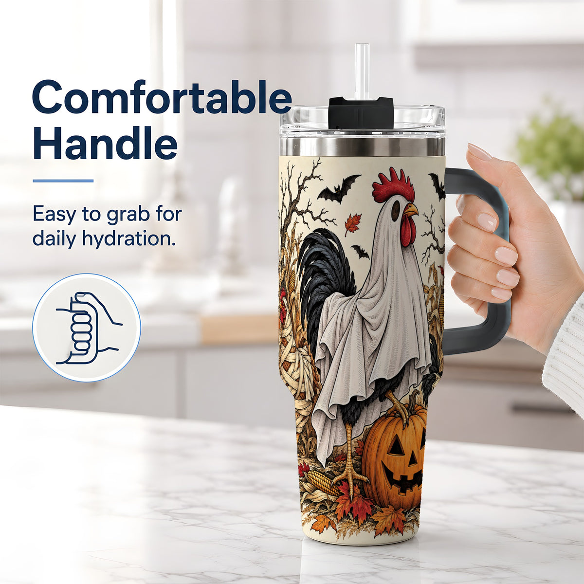 #pl[40oz|Black] Halloween Chicken 40oz Tumbler, Ghost Farm Jack-O'-Lantern Fall Art