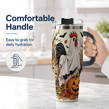 #pl[40oz|Black] Halloween Chicken 40oz Tumbler, Ghost Farm Jack-O'-Lantern Fall Art