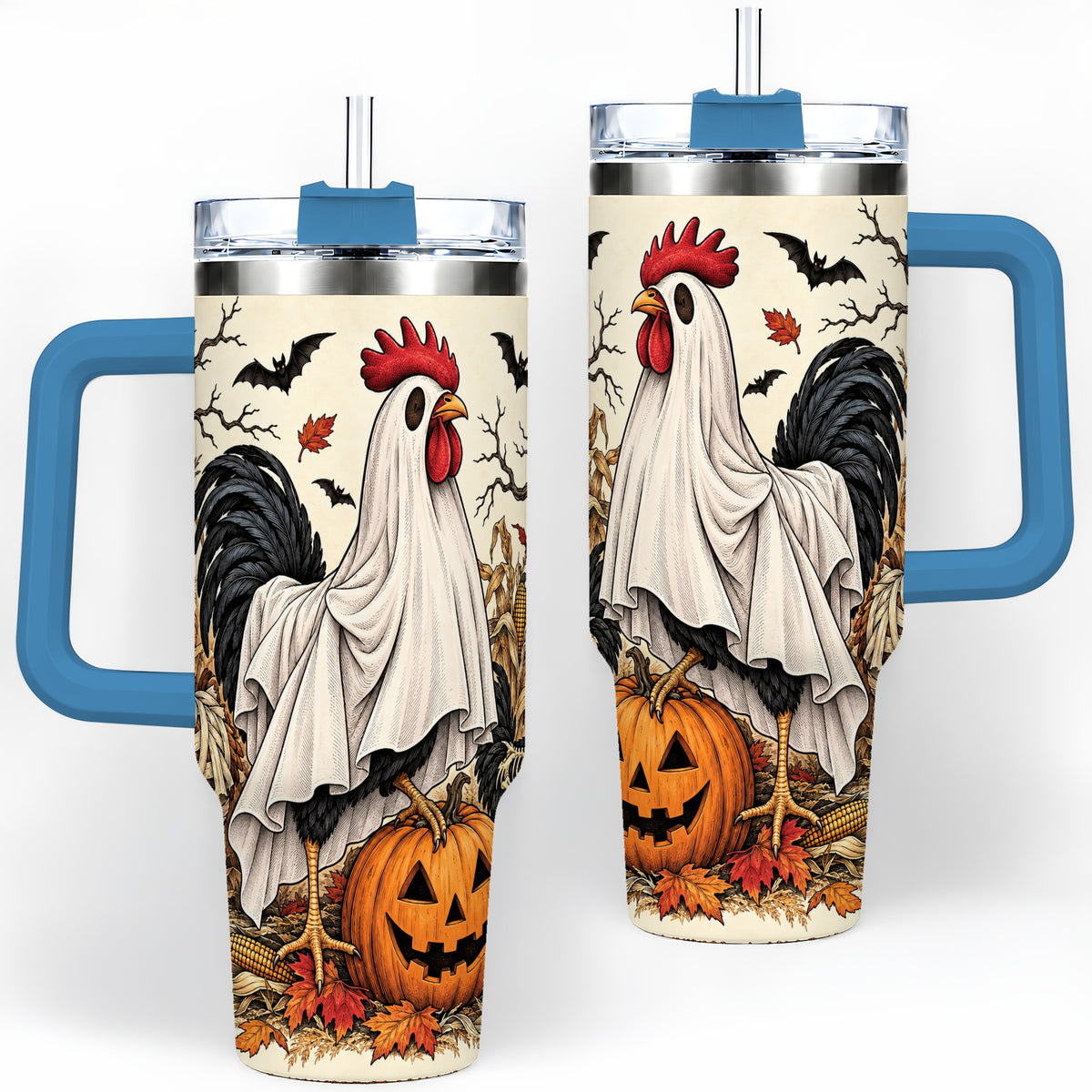 #pl[40oz|Blue] Halloween Chicken 40oz Tumbler, Ghost Farm Jack-O'-Lantern Fall Art