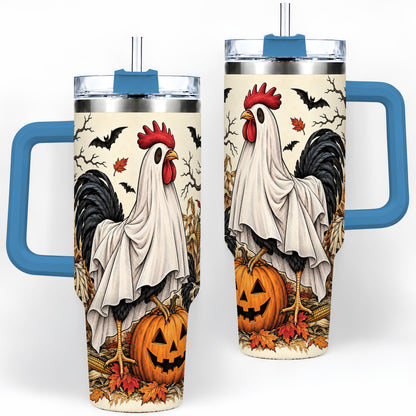 #pl[40oz|Blue] Halloween Chicken 40oz Tumbler, Ghost Farm Jack-O'-Lantern Fall Art