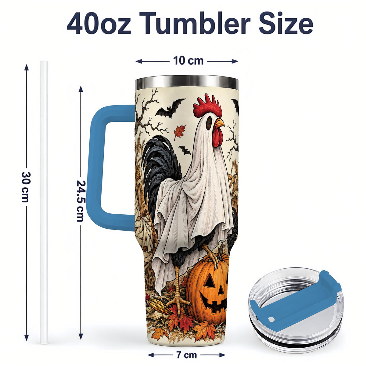 #pl[40oz|Blue] Halloween Chicken 40oz Tumbler, Ghost Farm Jack-O'-Lantern Fall Art