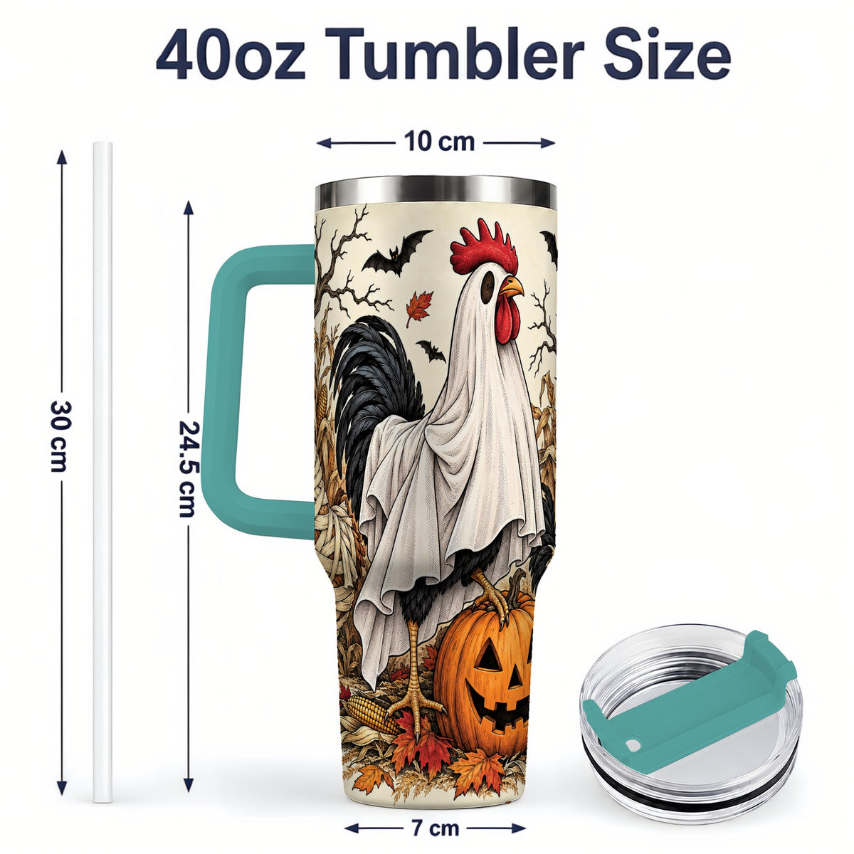 #pl[40oz|Green] Halloween Chicken 40oz Tumbler, Ghost Farm Jack-O'-Lantern Fall Art