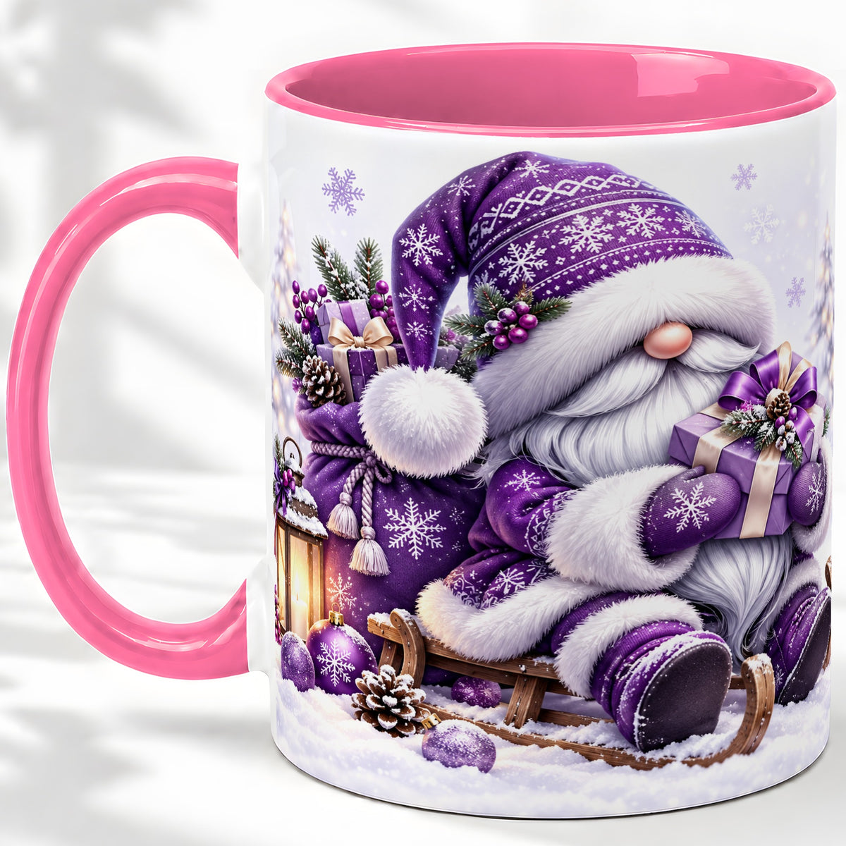 #pl[11oz|Pink] Purple Christmas Gnome Ceramic Mug with Winter Artwork