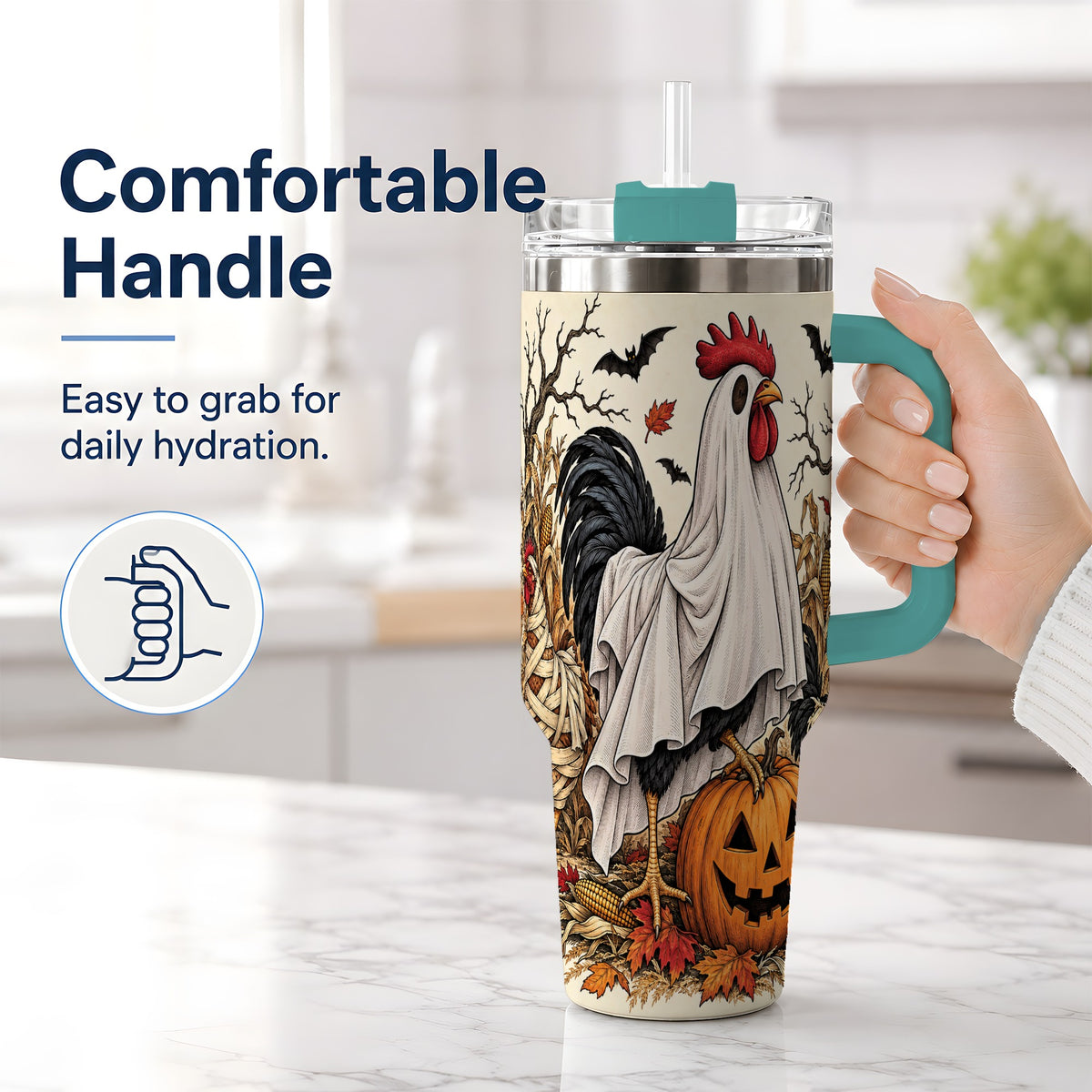 #pl[40oz|Green] Halloween Chicken 40oz Tumbler, Ghost Farm Jack-O'-Lantern Fall Art