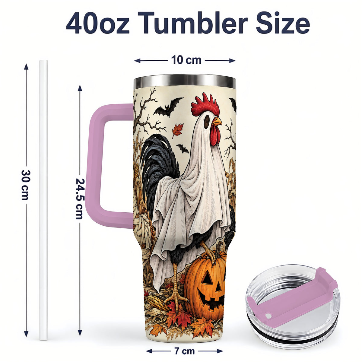 #pl[40oz|Pink] Halloween Chicken 40oz Tumbler, Ghost Farm Jack-O'-Lantern Fall Art
