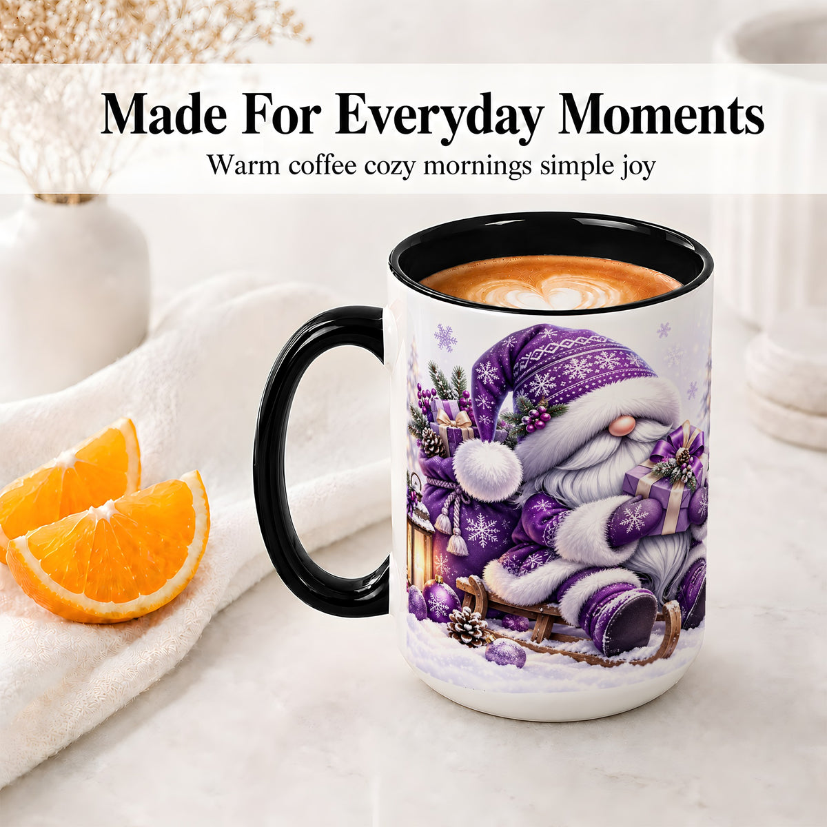 #pl[15oz|Black] Purple Christmas Gnome Ceramic Mug with Winter Artwork