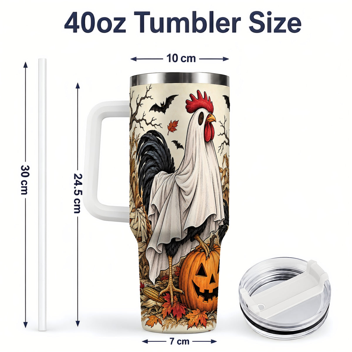 #pl[40oz|White] Halloween Chicken 40oz Tumbler, Ghost Farm Jack-O'-Lantern Fall Art