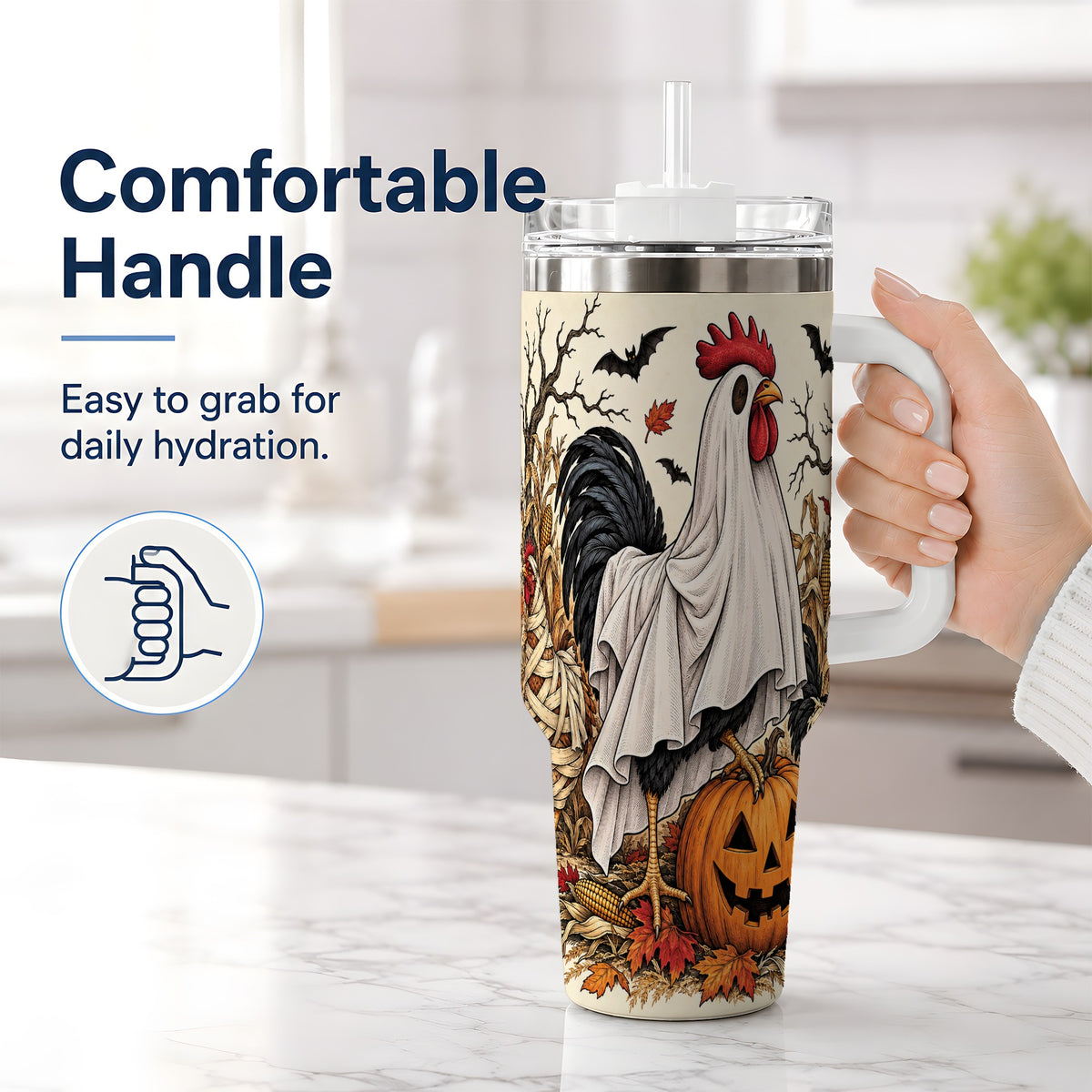 #pl[40oz|White] Halloween Chicken 40oz Tumbler, Ghost Farm Jack-O'-Lantern Fall Art