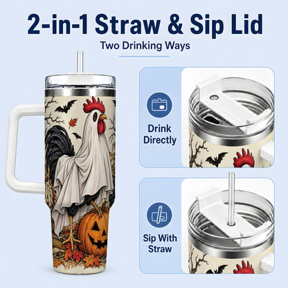 #pl[40oz|White] Halloween Chicken 40oz Tumbler, Ghost Farm Jack-O'-Lantern Fall Art