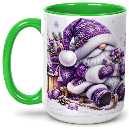 #pl[15oz|Green] Purple Christmas Gnome Ceramic Mug with Winter Artwork