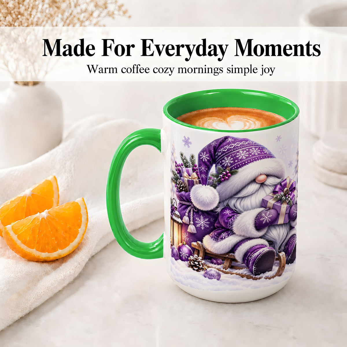 #pl[15oz|Green] Purple Christmas Gnome Ceramic Mug with Winter Artwork