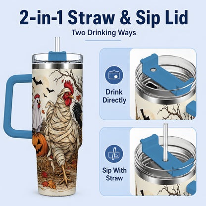 #pl[40oz|Blue] Mummy Chicken Halloween 40oz Tumbler, Ghost Skeleton Autumn Artwork
