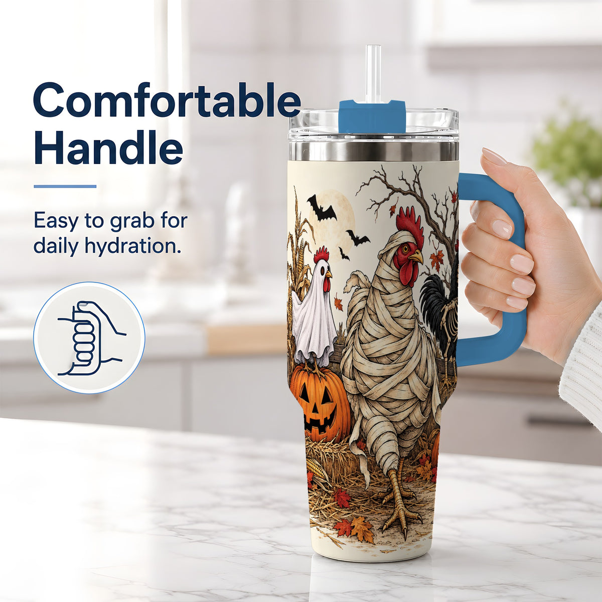 #pl[40oz|Blue] Mummy Chicken Halloween 40oz Tumbler, Ghost Skeleton Autumn Artwork