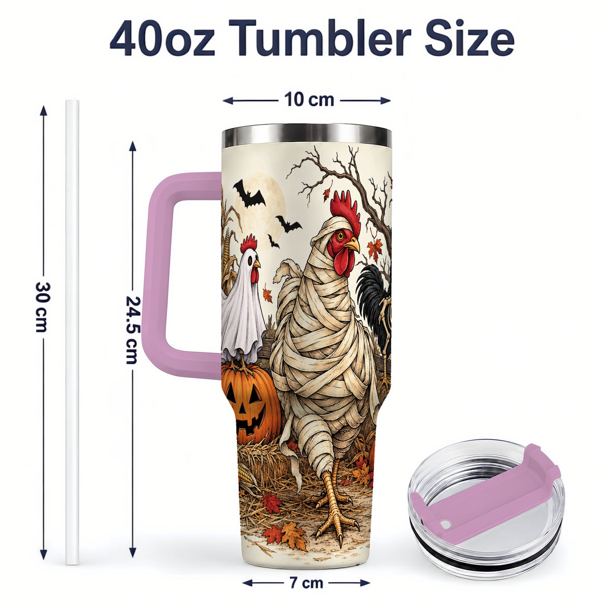 #pl[40oz|Pink] Mummy Chicken Halloween 40oz Tumbler, Ghost Skeleton Autumn Artwork