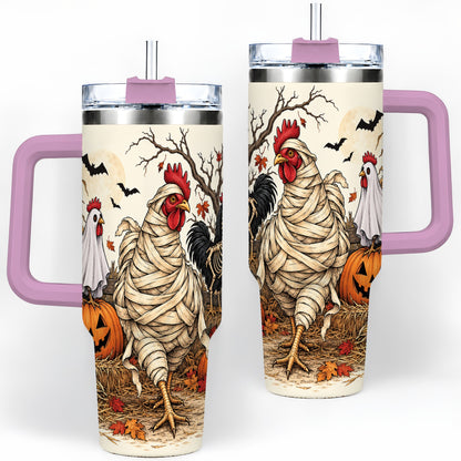 #pl[40oz|Pink] Mummy Chicken Halloween 40oz Tumbler, Ghost Skeleton Autumn Artwork
