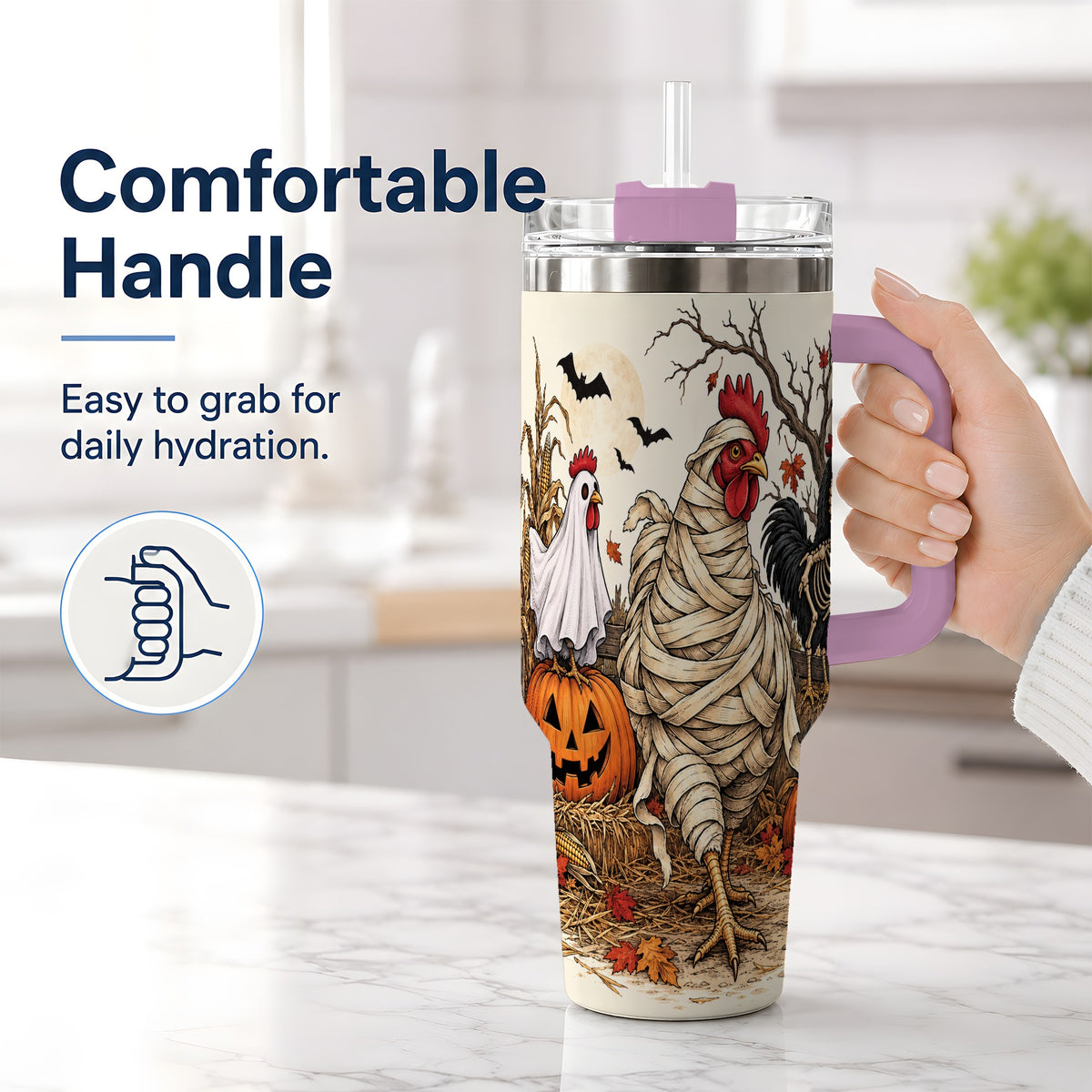 #pl[40oz|Pink] Mummy Chicken Halloween 40oz Tumbler, Ghost Skeleton Autumn Artwork