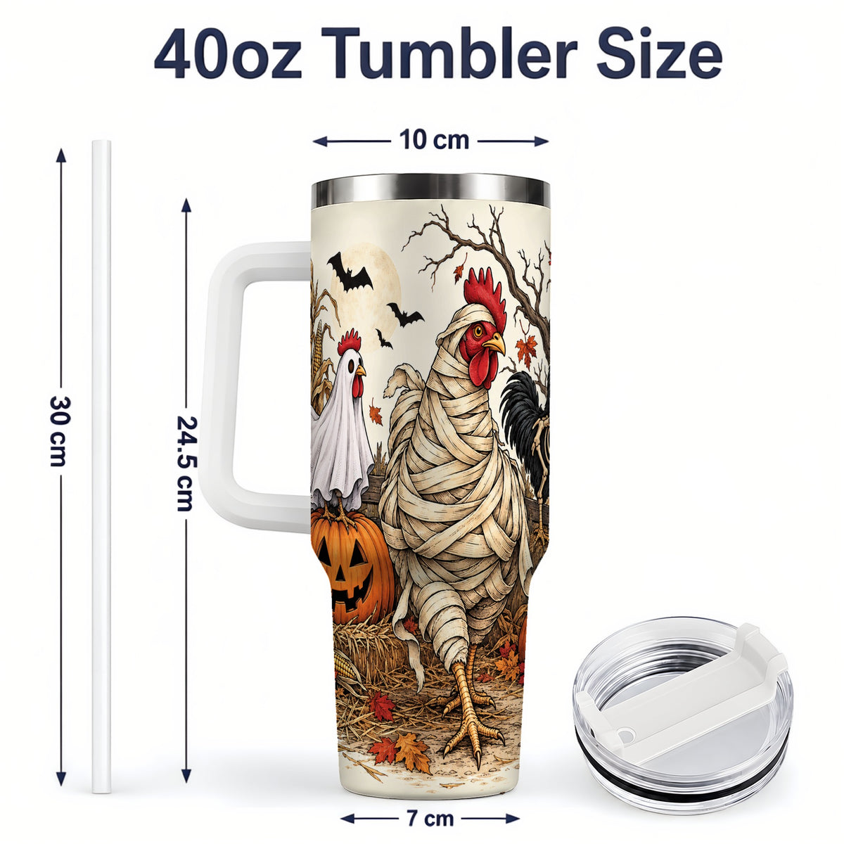 #pl[40oz|White] Mummy Chicken Halloween 40oz Tumbler, Ghost Skeleton Autumn Artwork